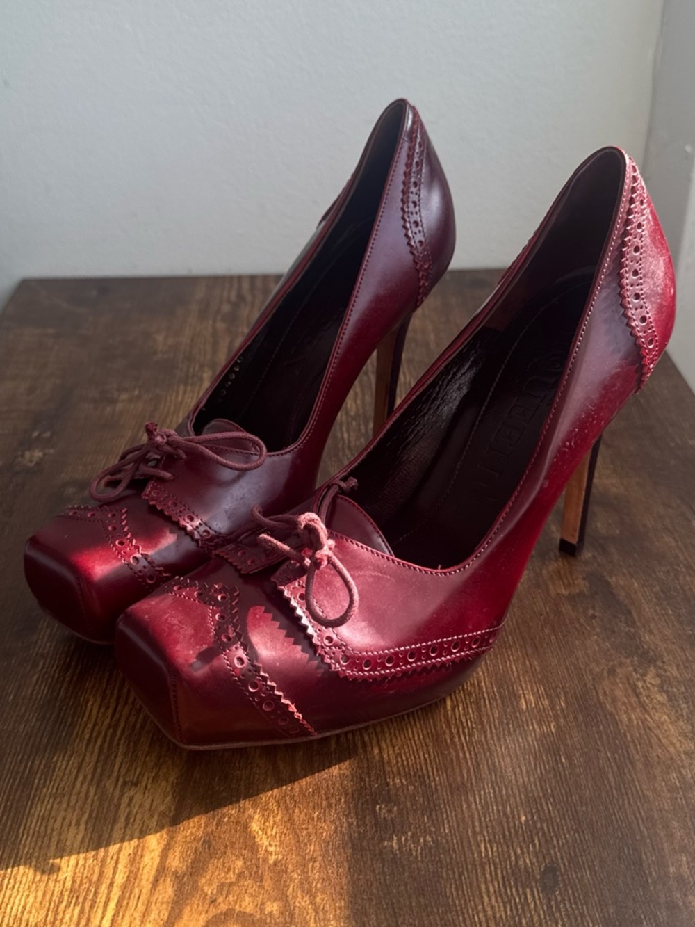 Authentic Alexander MCQueen Burgundy Lace-Up Handcrafted Leather Heels